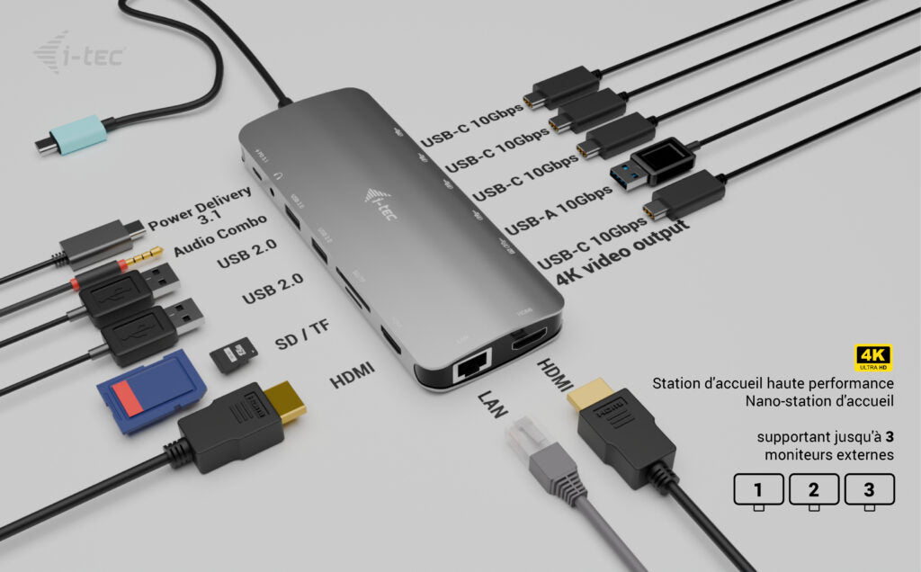 i-tec Metal USB-C Nano 3x Display Dock, 2x HDMI, 1x USB-C Vidéo, Power Delivery 140W