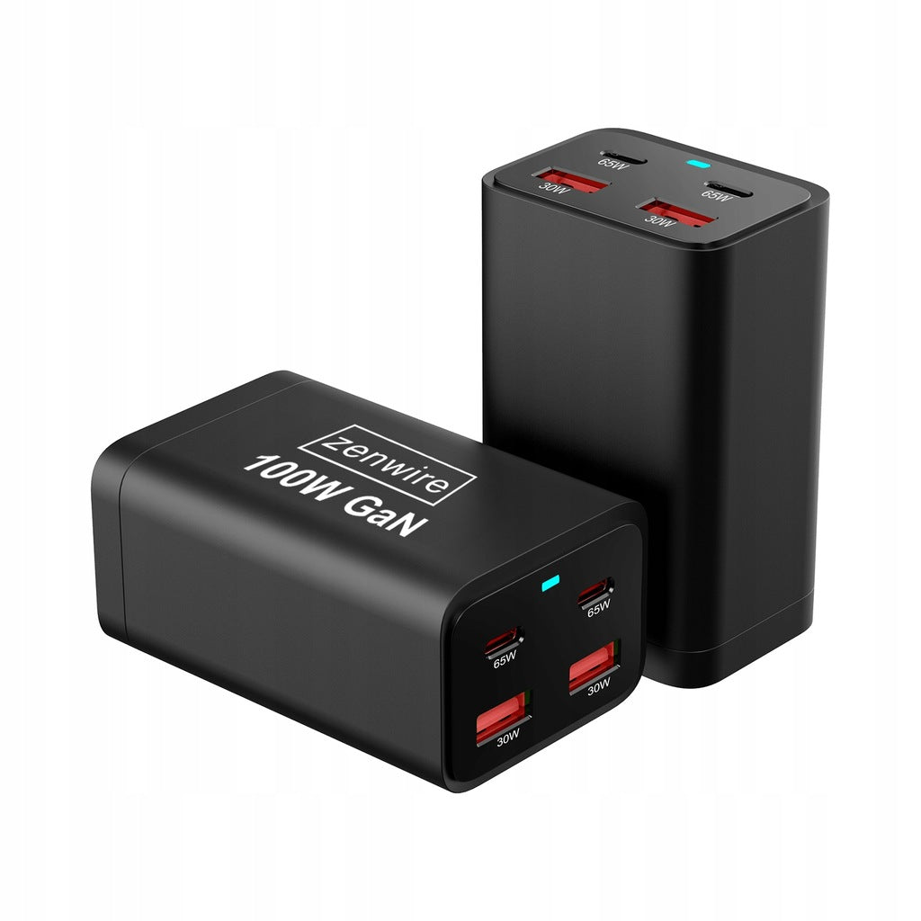 Chargeur secteur, bloc d'alimentation 100 W, adaptateur GaN III, câble secteur, 2 ports USB-C 65 W, 2 ports USB-A, Zenwire YMS-608