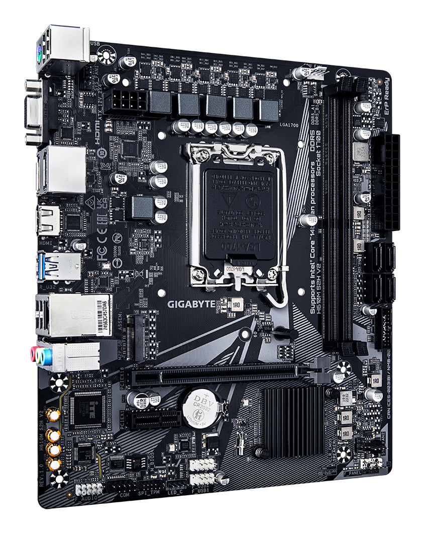 GIGABYTE H610M S2H V2 Carte mère - Prend en charge les processeurs Intel Core 14e génération, VRM numérique hybride 4+1+1 phases, jusqu'à 5600MHz DDR5, 1xPCIe 3.0 M.2, LAN GbE, USB 3.2 Gen 1