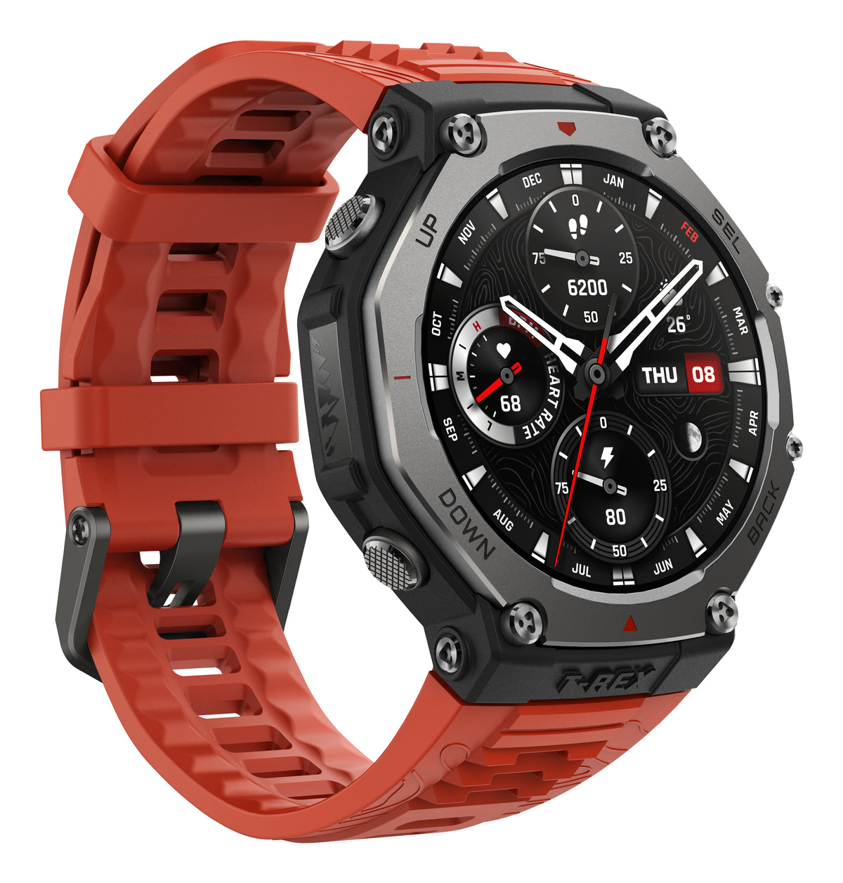 Amazfit T-Rex 3 Lava 3,81 cm (1.5") AMOLED 48.5 mm Numérique 480 x 480 pixels Écran tactile Noir, Acier inoxydable GPS (