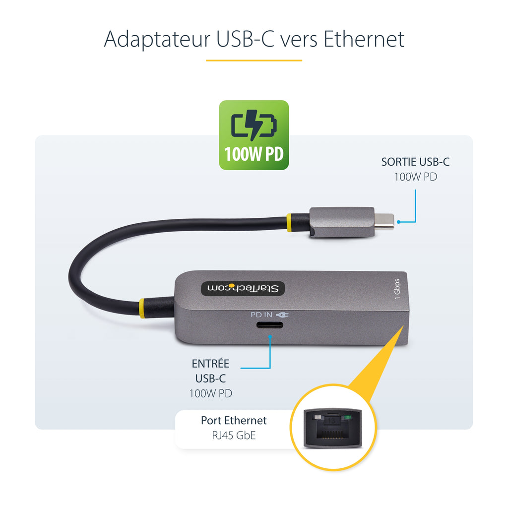 StarTech.com Adaptateur USB-C vers Ethernet Gigabit 1Gbps avec PD Pass-Through 100W