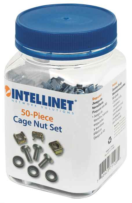 Intellinet Jeu d’écrous cage M6 (50 pcs) avec vis et rondelles, pour armoires et racks 19", pot plastique, garantie à vie
