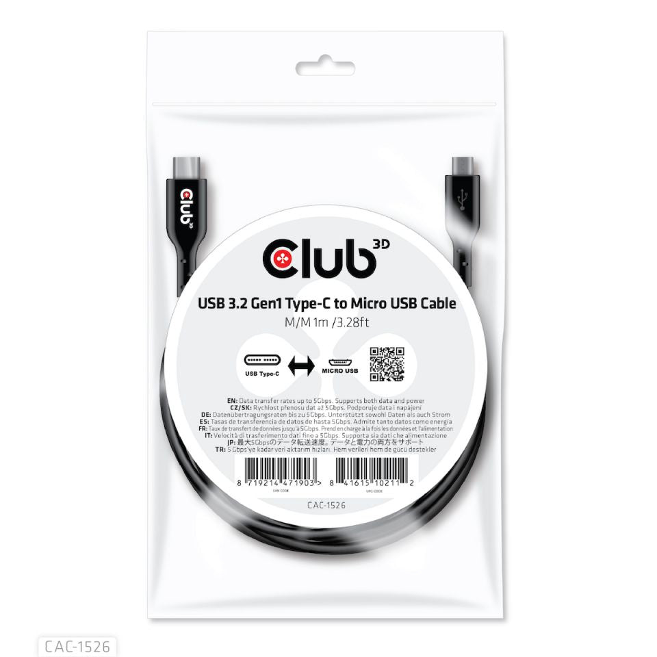CLUB3D CAC-1526 câble USB USB 3.2 Gen 1 (3.1 Gen 1) 1 m USB C Micro-USB B 5 Gbit/s Noir