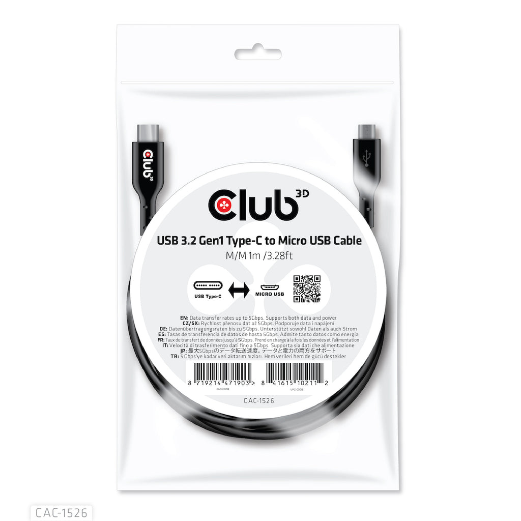 CLUB3D CAC-1526 câble USB USB 3.2 Gen 1 (3.1 Gen 1) 1 m USB C Micro-USB B 5 Gbit/s Noir