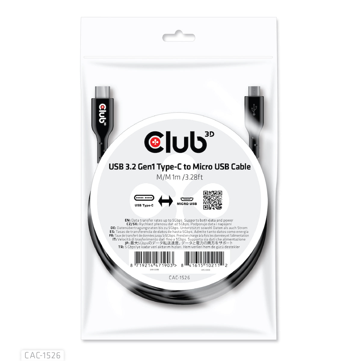 CLUB3D CAC-1526 câble USB USB 3.2 Gen 1 (3.1 Gen 1) 1 m USB C Micro-USB B 5 Gbit/s Noir