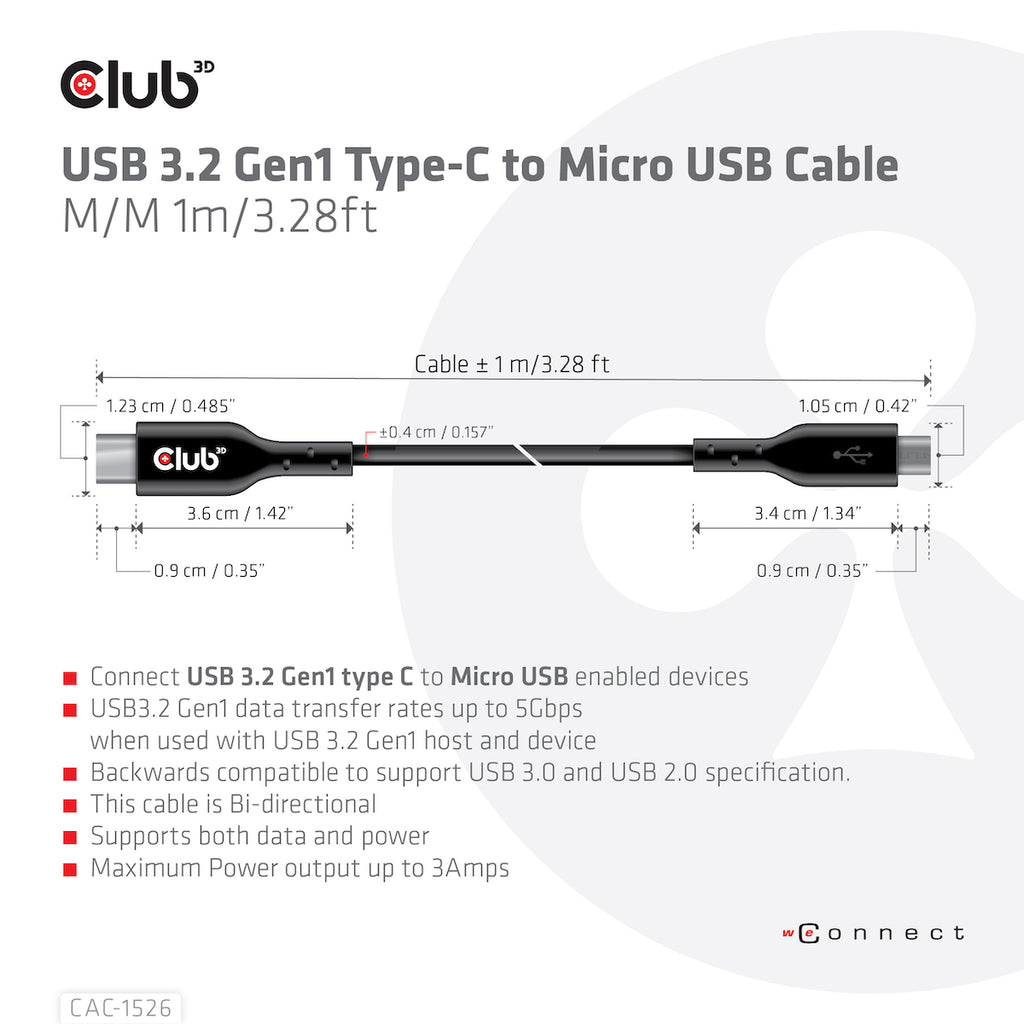 CLUB3D CAC-1526 câble USB USB 3.2 Gen 1 (3.1 Gen 1) 1 m USB C Micro-USB B 5 Gbit/s Noir