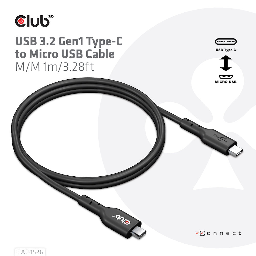 CLUB3D CAC-1526 câble USB USB 3.2 Gen 1 (3.1 Gen 1) 1 m USB C Micro-USB B 5 Gbit/s Noir
