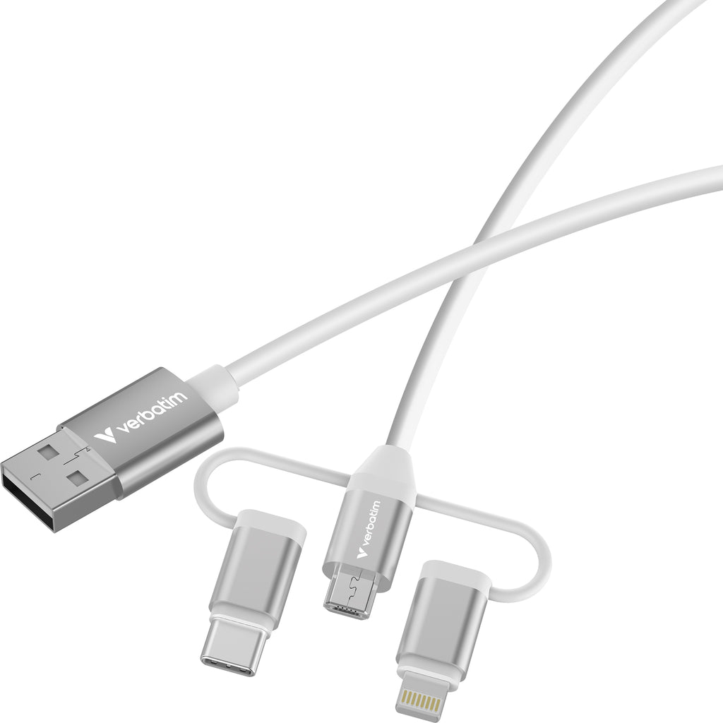 Verbatim 32394 Câble USB 2.0 Multi-connecteurs USB-A vers USB-C, Micro USB-B et Lightning, 1 m, 18 W, Blanc