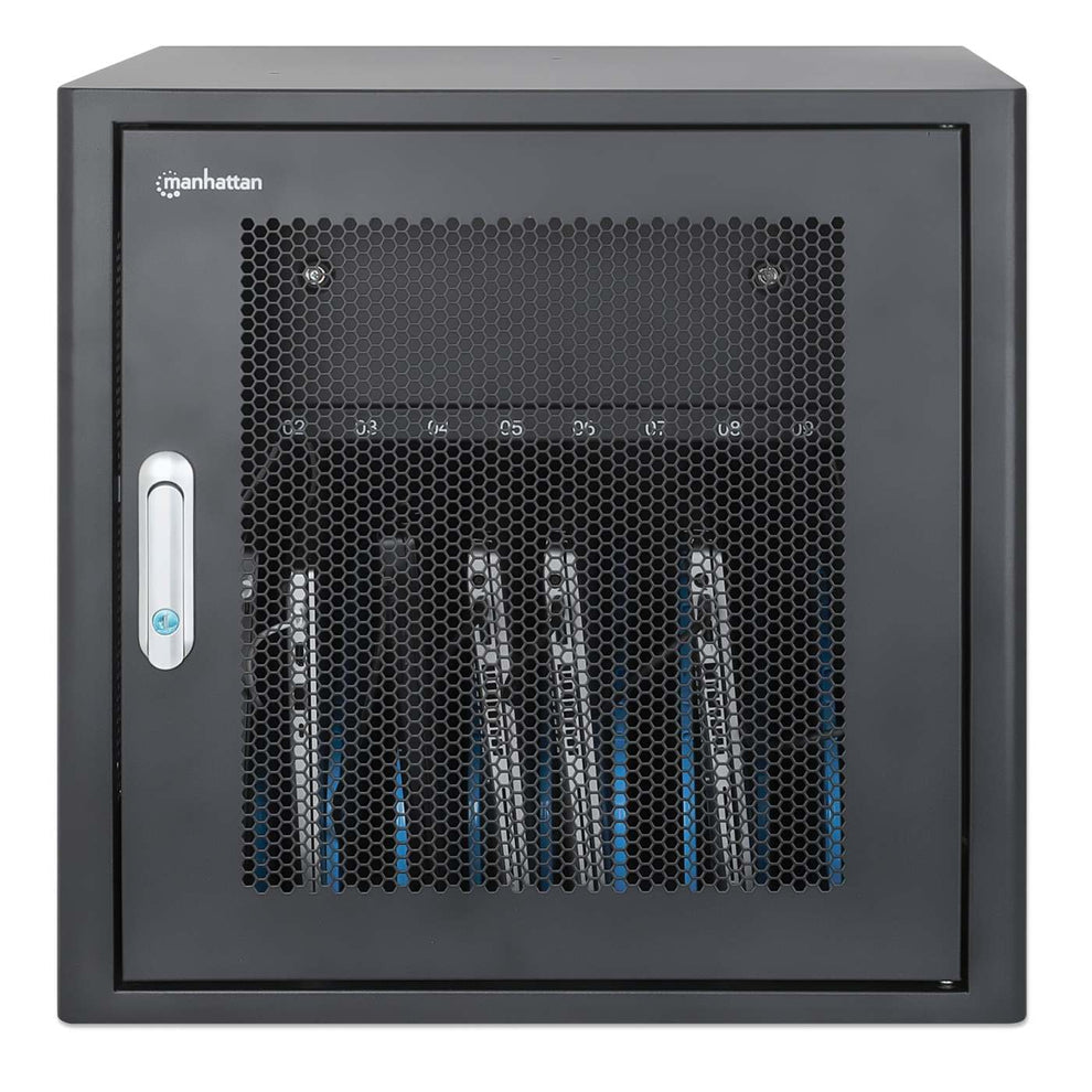 Manhattan Laptop Charging Cabinet Desktop via AC Adapter (EU) 10-bay Install device's AC Adapter (power cables) into unit Suitable for ALL laptops (to 16 ) iPads MacBooks Chromebooks other portable devices Bays 380x30x280mm Cart Lockable - vue 5