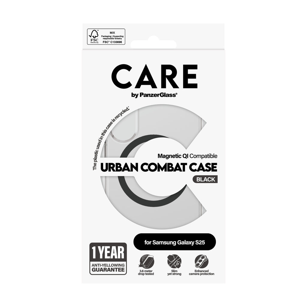 PanzerGlass PanzerGlass CARE™ by ® Urban Combat Case Transparent w. Black Qi Compatible Samsung Galaxy S25 coque de protection pour téléphones portables Housse