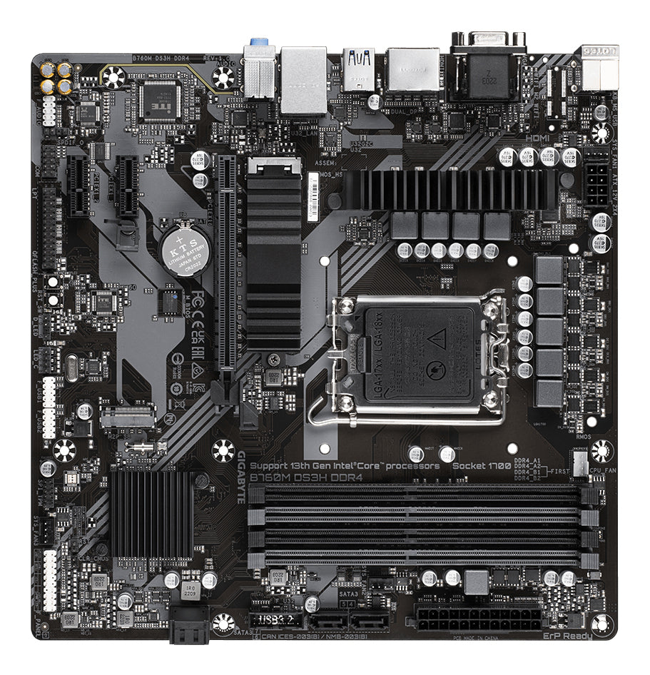 GIGABYTE B760M DS3H DDR4 Carte Mère, Intel Core 14e Génération, VRM 6+2+1 Phases, DDR4 5333MHz (OC), 2x PCIe 4.0 M.2, LA