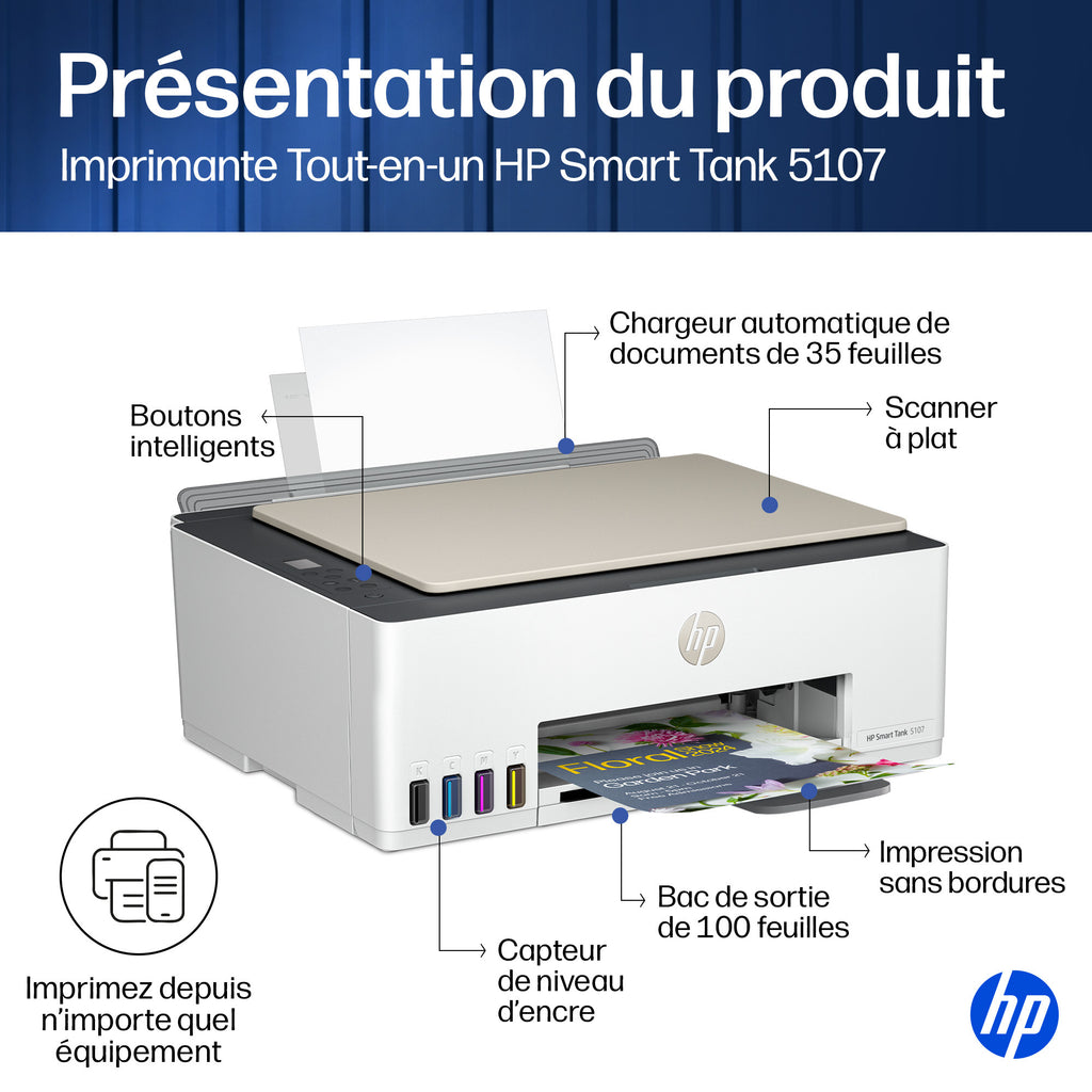 HP Smart Tank 5107 Imprimante Multifonction Couleur Sans Fil, Copieur et Scanner