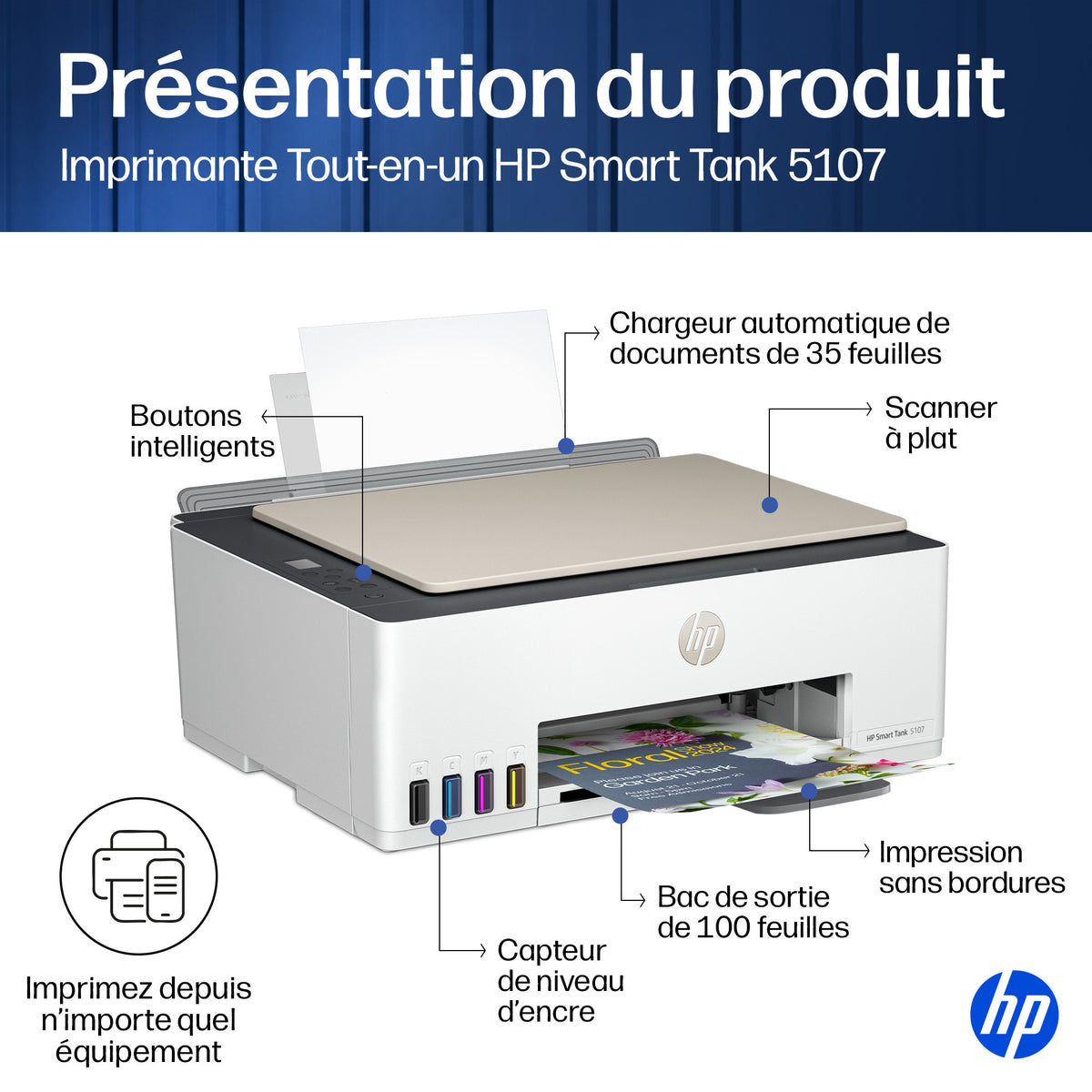 HP Smart Tank 5107 Imprimante Multifonction Couleur Sans Fil, Copieur et Scanner