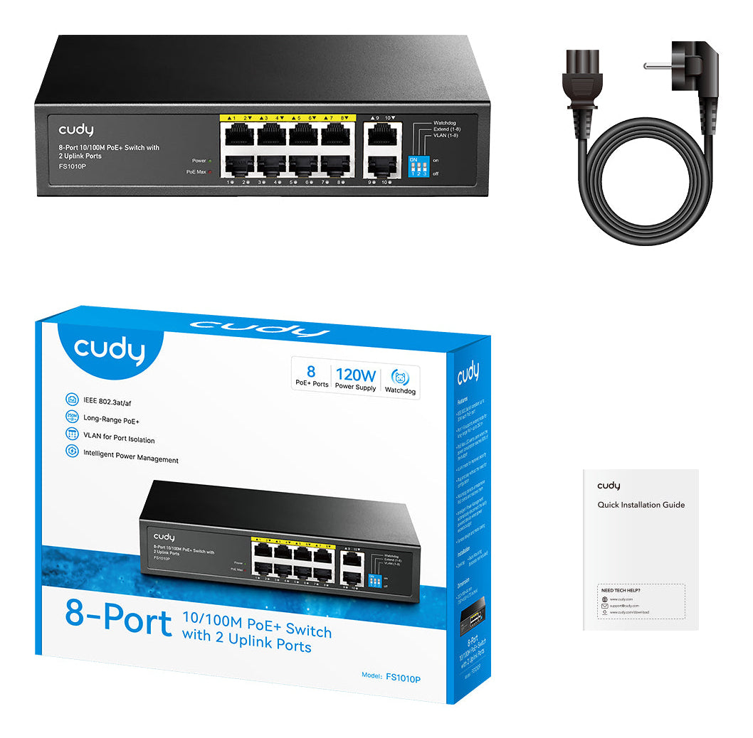 Cudy FS1010P commutateur réseau Non-géré Fast Ethernet (10/100) Connexion Ethernet, supportant l'alimentation via ce port (PoE) Noir