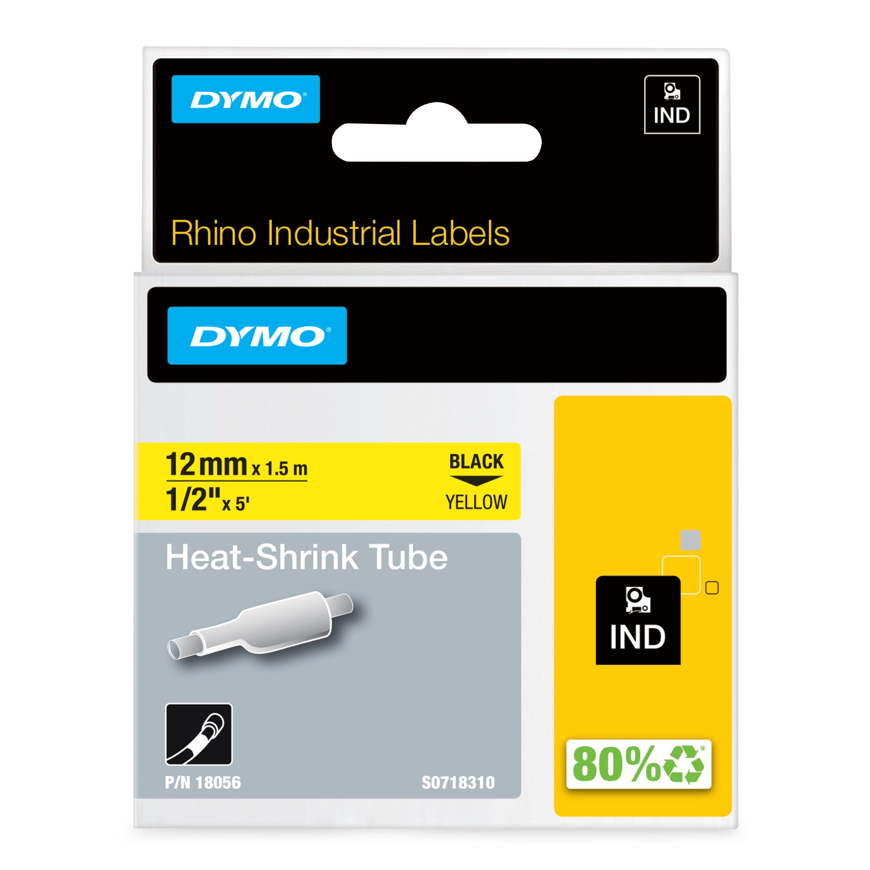 DYMO Rhino gaines thermorétractables industrielles | 12 mm x 1,5 m | Impression en noir sur fond jaune | pour étiqueteuses Rhino