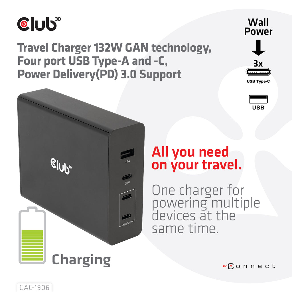 CLUB3D CAC-1906 Chargeur Universel pour Appareils Mobiles, Noir, 3 Ports USB-C