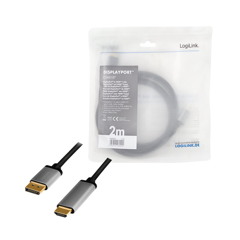 LogiLink CDA0107 câble vidéo et adaptateur 2 m DisplayPort HDMI Noir, Gris