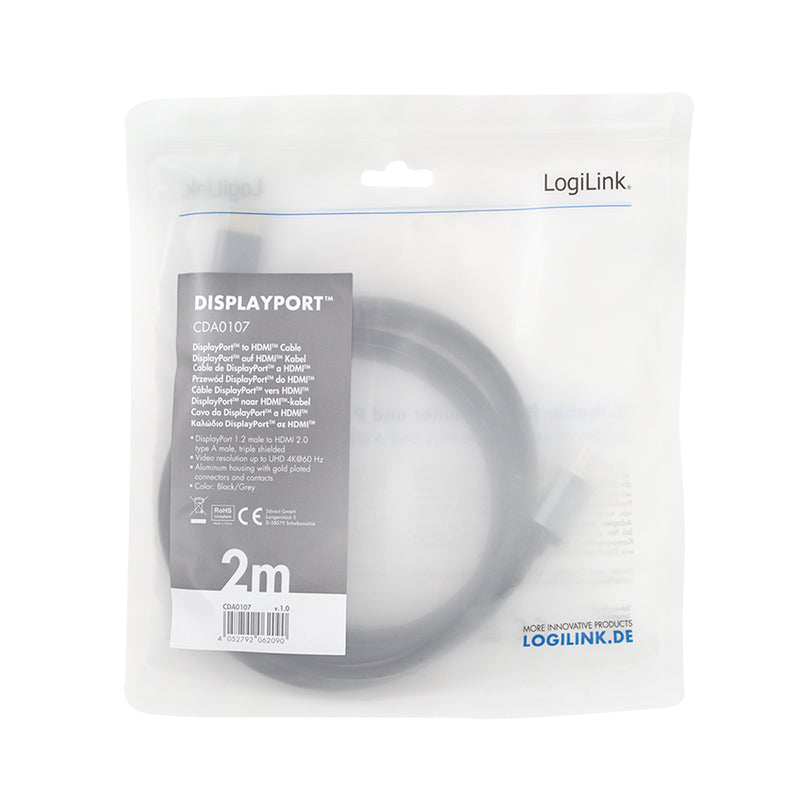 LogiLink CDA0107 câble vidéo et adaptateur 2 m DisplayPort HDMI Noir, Gris