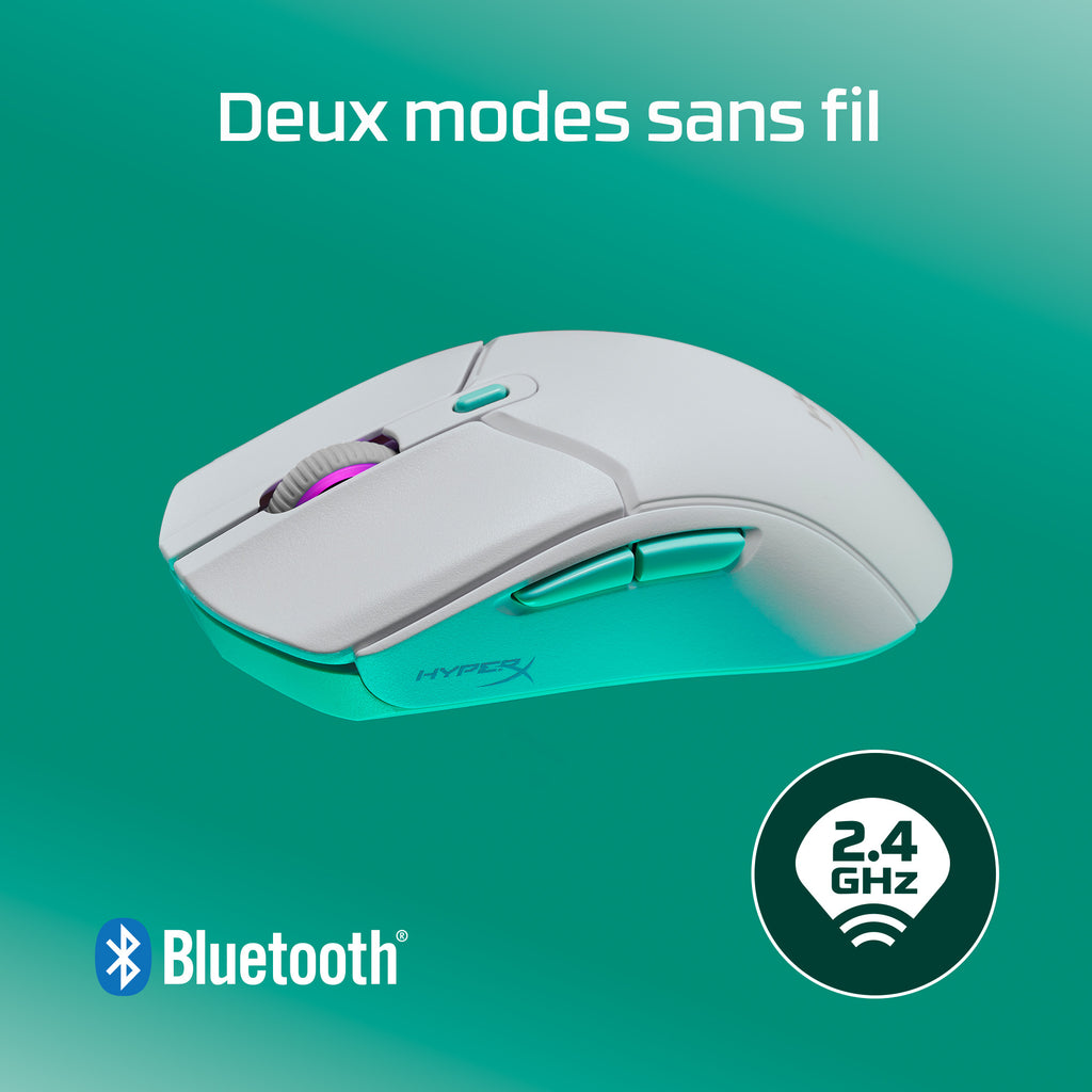 HyperX Pulsefire Haste 2 Core Wireless, Souris Gamer Sans Fil, 12 000 PPP, Blanc/Vert/Violet