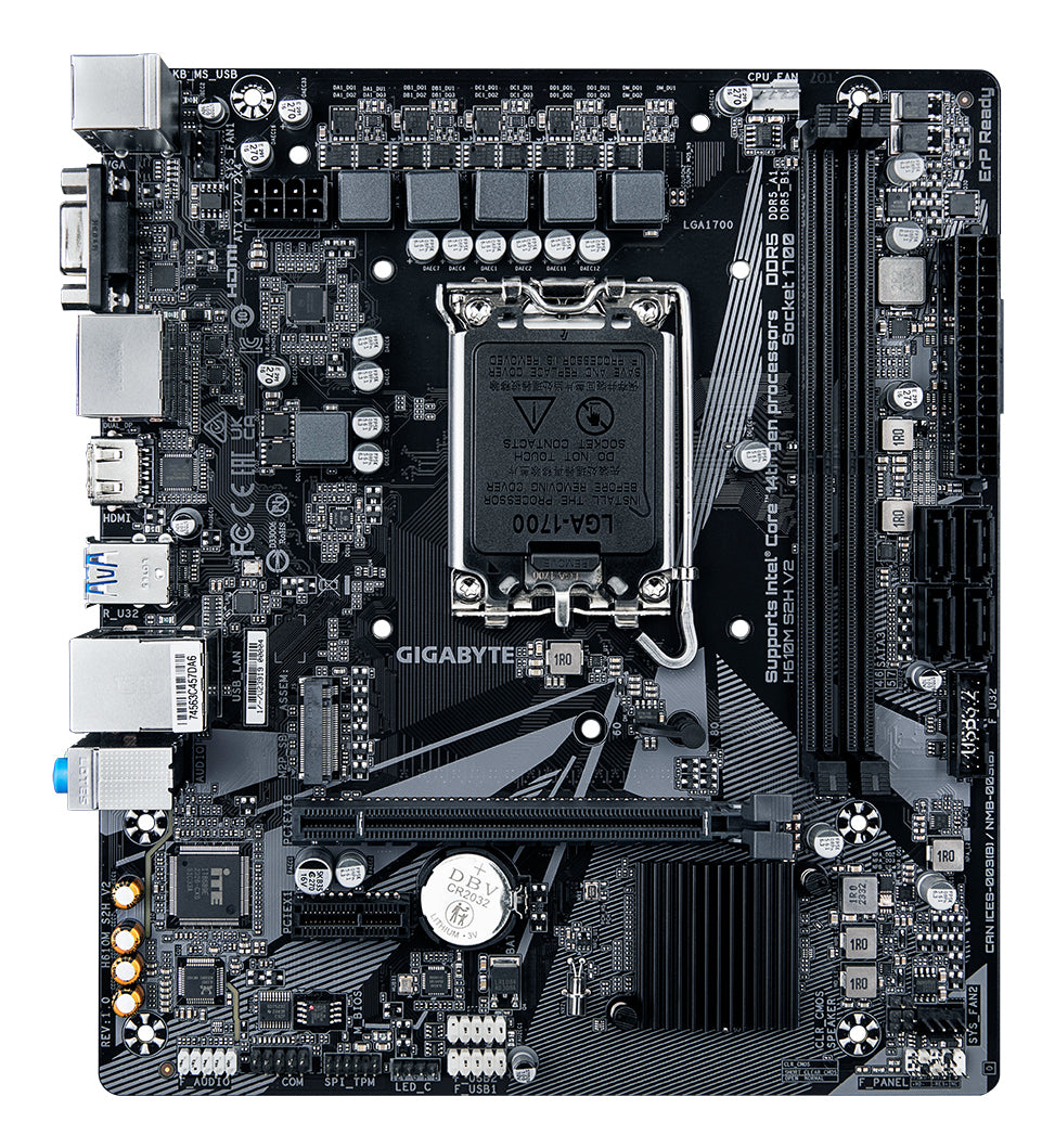 GIGABYTE H610M S2H V2 Carte mère - Prend en charge les processeurs Intel Core 14e génération, VRM numérique hybride 4+1+1 phases, jusqu'à 5600MHz DDR5, 1xPCIe 3.0 M.2, LAN GbE, USB 3.2 Gen 1