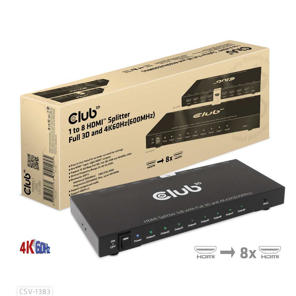 CLUB3D CSV-1383 Répartiteur Vidéo HDMI vers 8x HDMI 4K Ultra HD