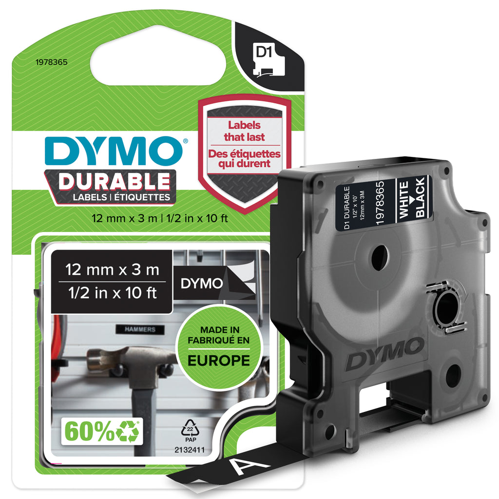 DYMO D1 Étiquettes résistantes | 12mm x 5,5m | impression en blanc sur fond noir | autocollantes étiquettes authentiques