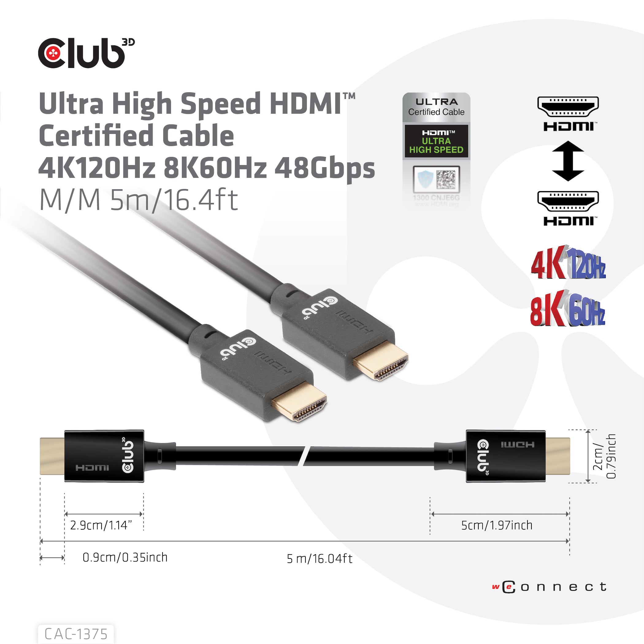CLUB3D CAC-1375 câble HDMI 5 m HDMI Type A (Standard) Noir