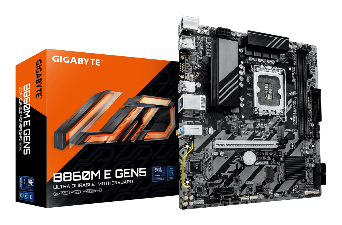 GIGABYTE B860M E GEN5 Carte Mère – Processeurs Intel Core Ultra, VRM 4+1+2 phases, jusqu’à 8800 MHz DDR5 (O.C.), 2× M.2 