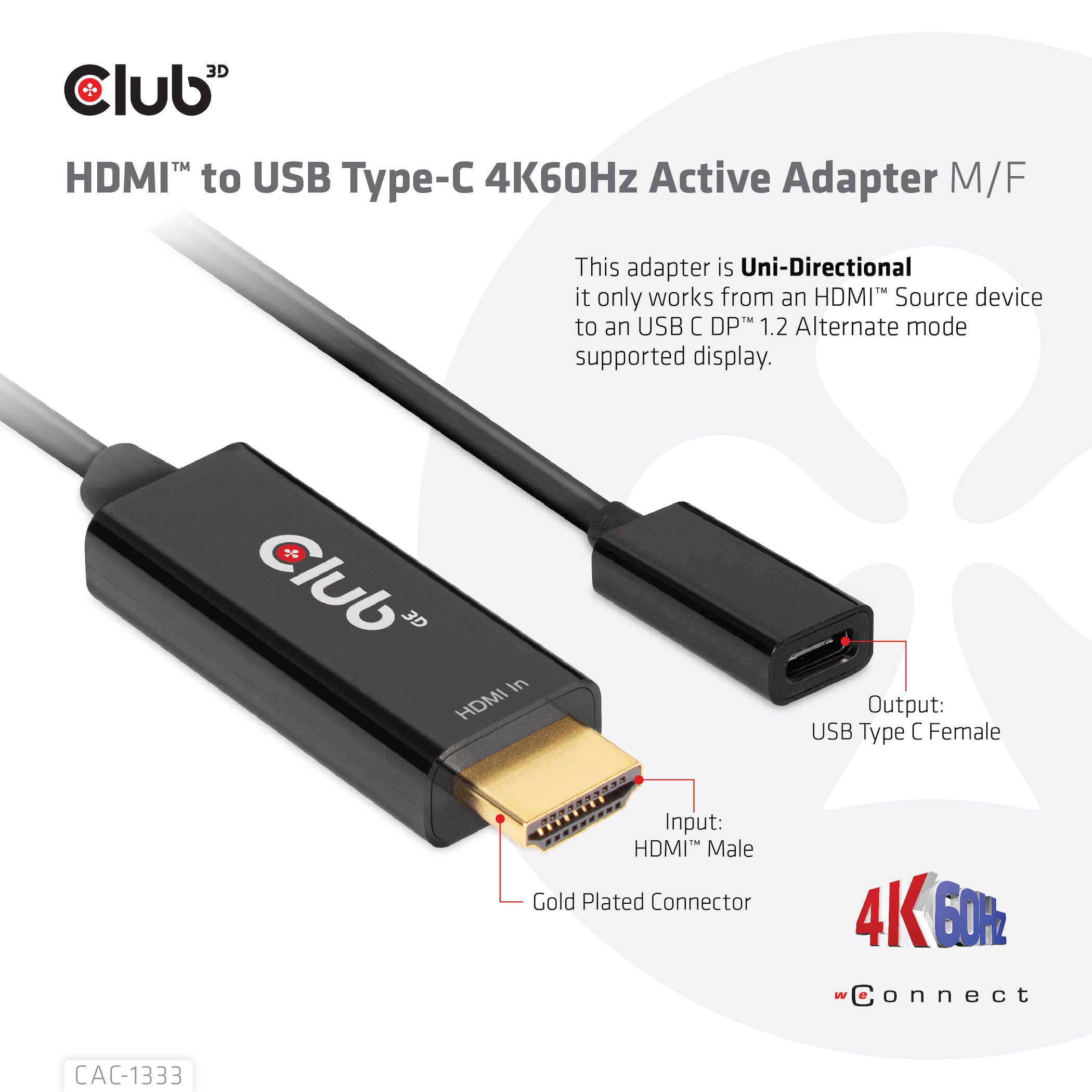 CLUB3D CAC-1333 câble vidéo et adaptateur 0,22 m HDMI Type A (Standard) USB Type-C Noir