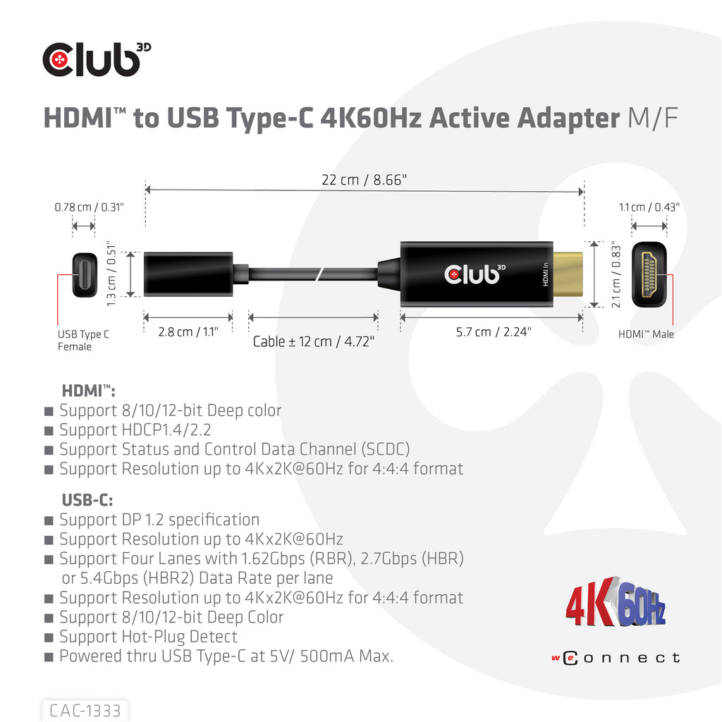 CLUB3D CAC-1333 câble vidéo et adaptateur 0,22 m HDMI Type A (Standard) USB Type-C Noir