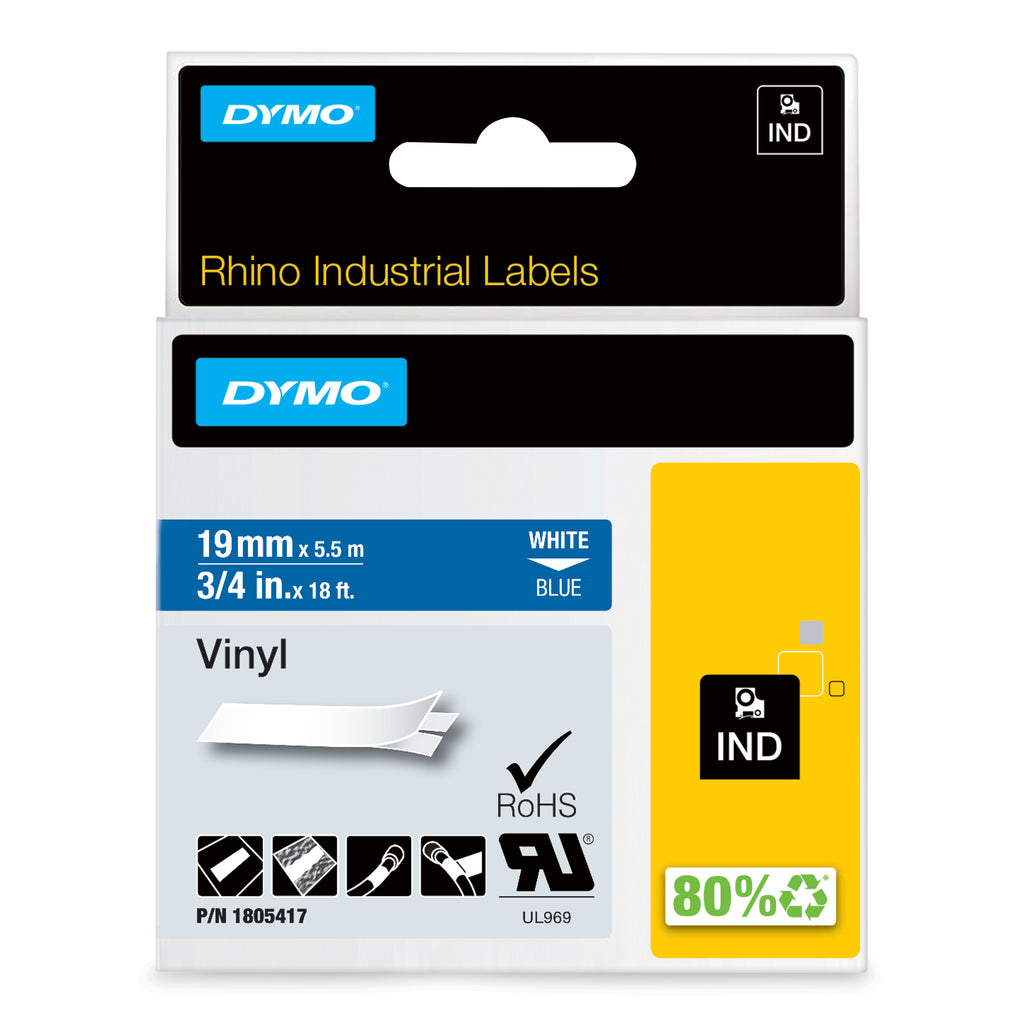 DYMO Rhino étiquettes industrielles autocollantes en vinyle | 19 mm x 5,5 m | impression en blanc sur fond bleu