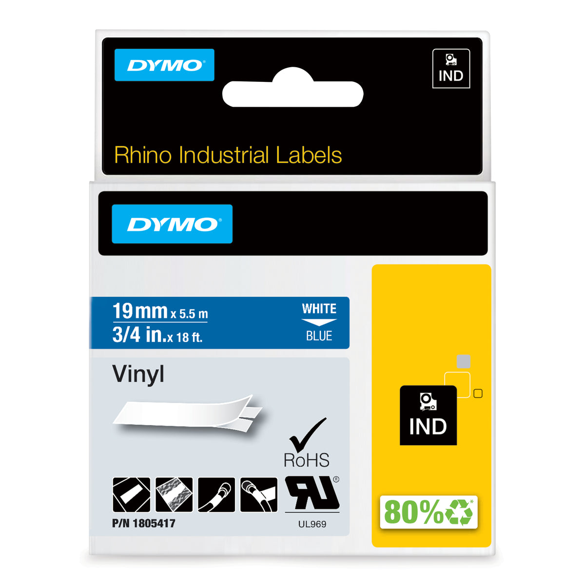 DYMO Rhino étiquettes industrielles autocollantes en vinyle | 19 mm x 5,5 m | impression en blanc sur fond bleu