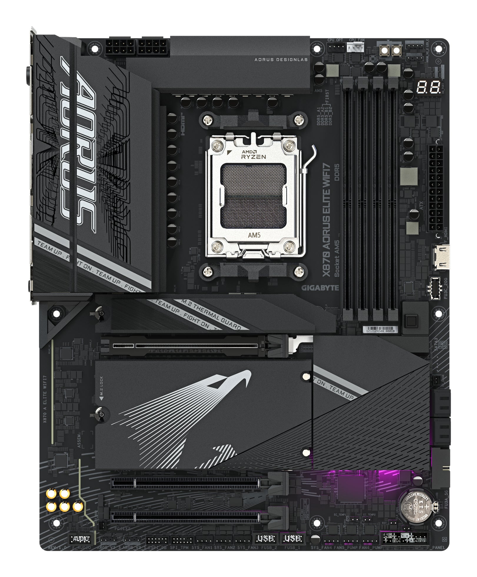 GIGABYTE X870 AORUS ELITE WIFI7 Carte Mère - Prend en charge les processeurs AMD Ryzen 9000, 16+2+2 phases VRM, jusqu'à 8000MHz DDR5 (OC), 3xPCIe 5.0 + 1xPCIe 4.0, Wi-Fi 7, LAN 2,5GbE, USB 4