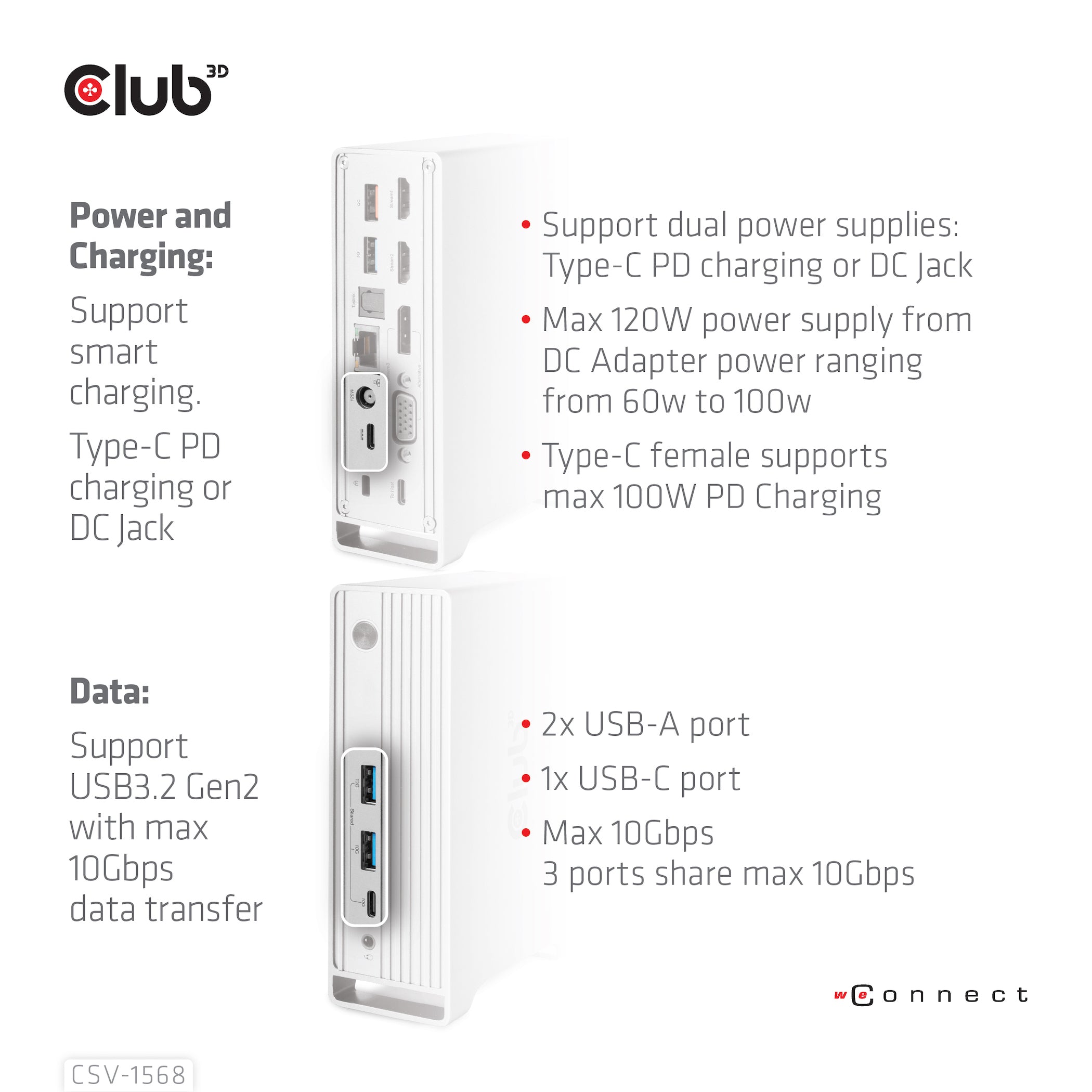 CLUB3D CSV-1568 station d'accueil USB 3.2 Gen 2 (3.1 Gen 2) Type-C Métallique