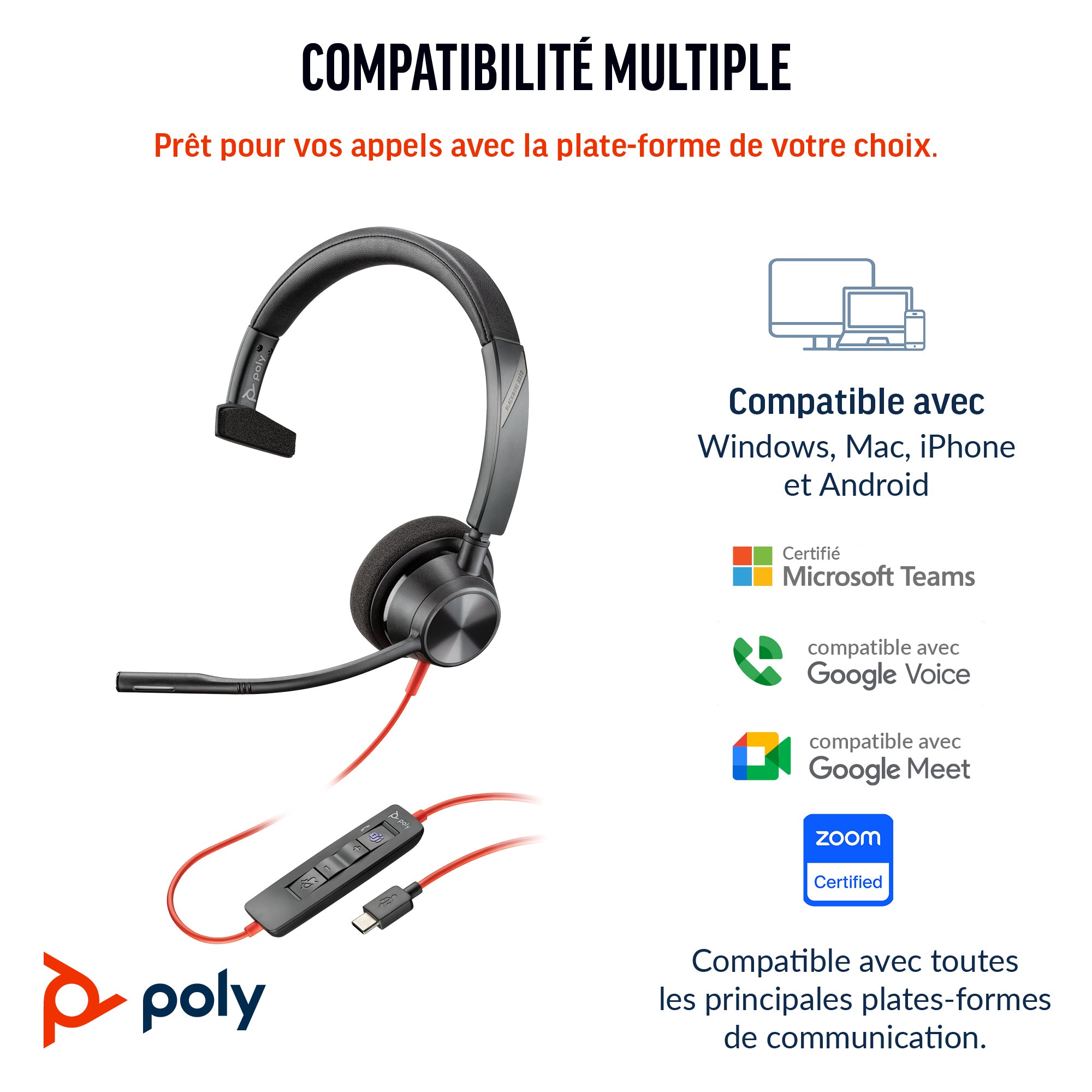 HP Poly Micro-casque Poly Blackwire 3310 monaural USB-C + adaptateur USB-C/A