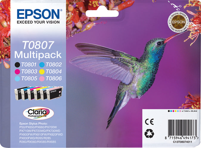 Epson Hummingbird Multipack "Colibri" (T0807) - Encres Claria N, C, M, J, Cc, Mc