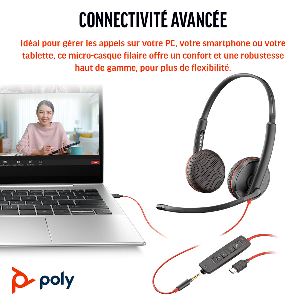 HP Poly Micro-casque stéréo USB-C Poly Blackwire 3225 + prise 3,5 mm + adaptateur USB-C/A (lot)