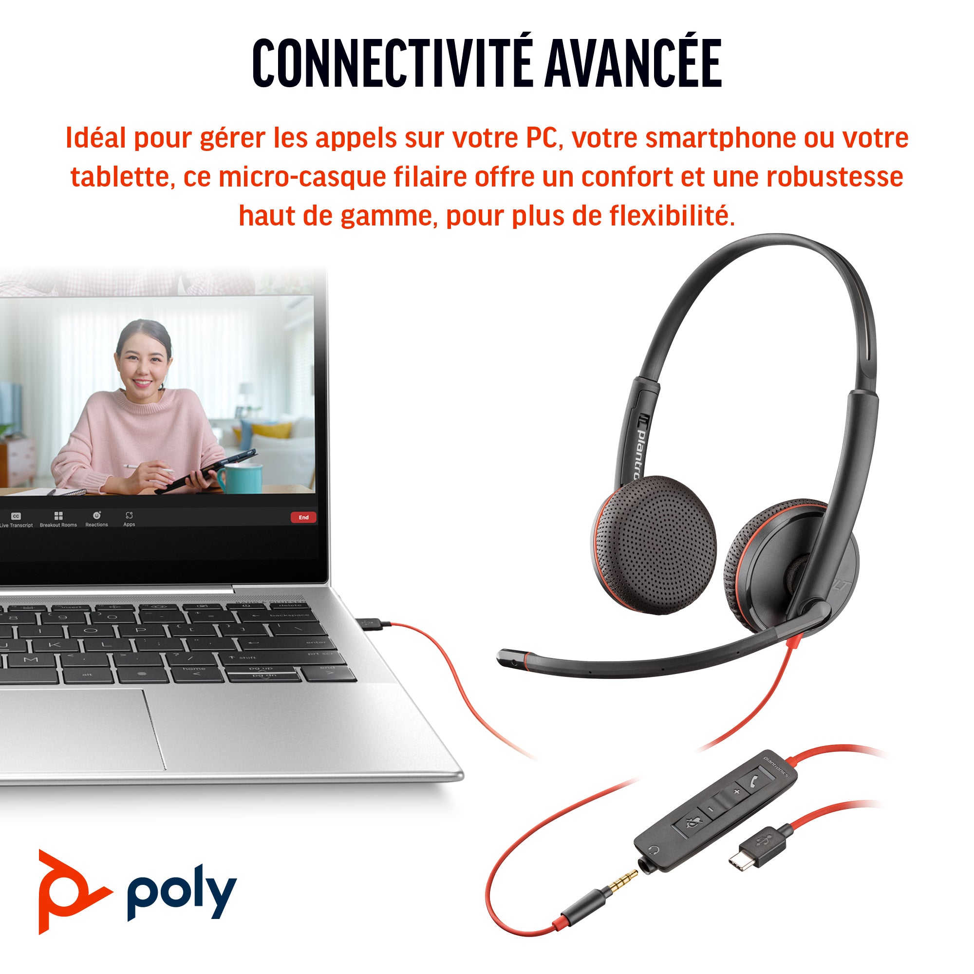 HP Poly Micro-casque stéréo USB-C Poly Blackwire 3225 + prise 3,5 mm + adaptateur USB-C/A (lot)