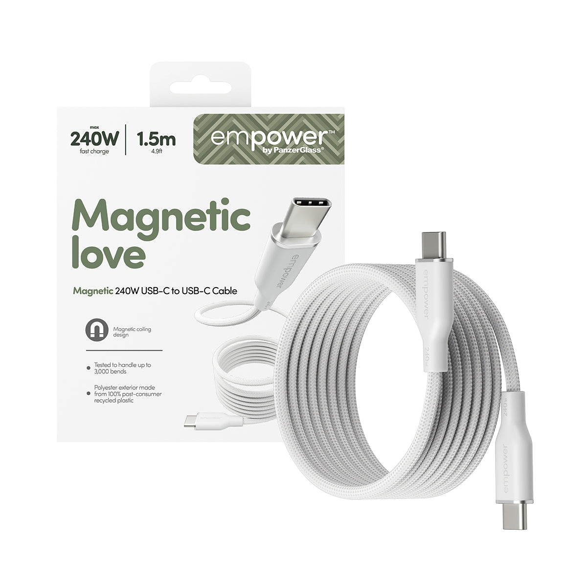 PanzerGlass empower™ by ® Magnetic 240W USB-C to USB-C Cable | USB 2.0 | 1.5M | Silver White câble USB Blanc