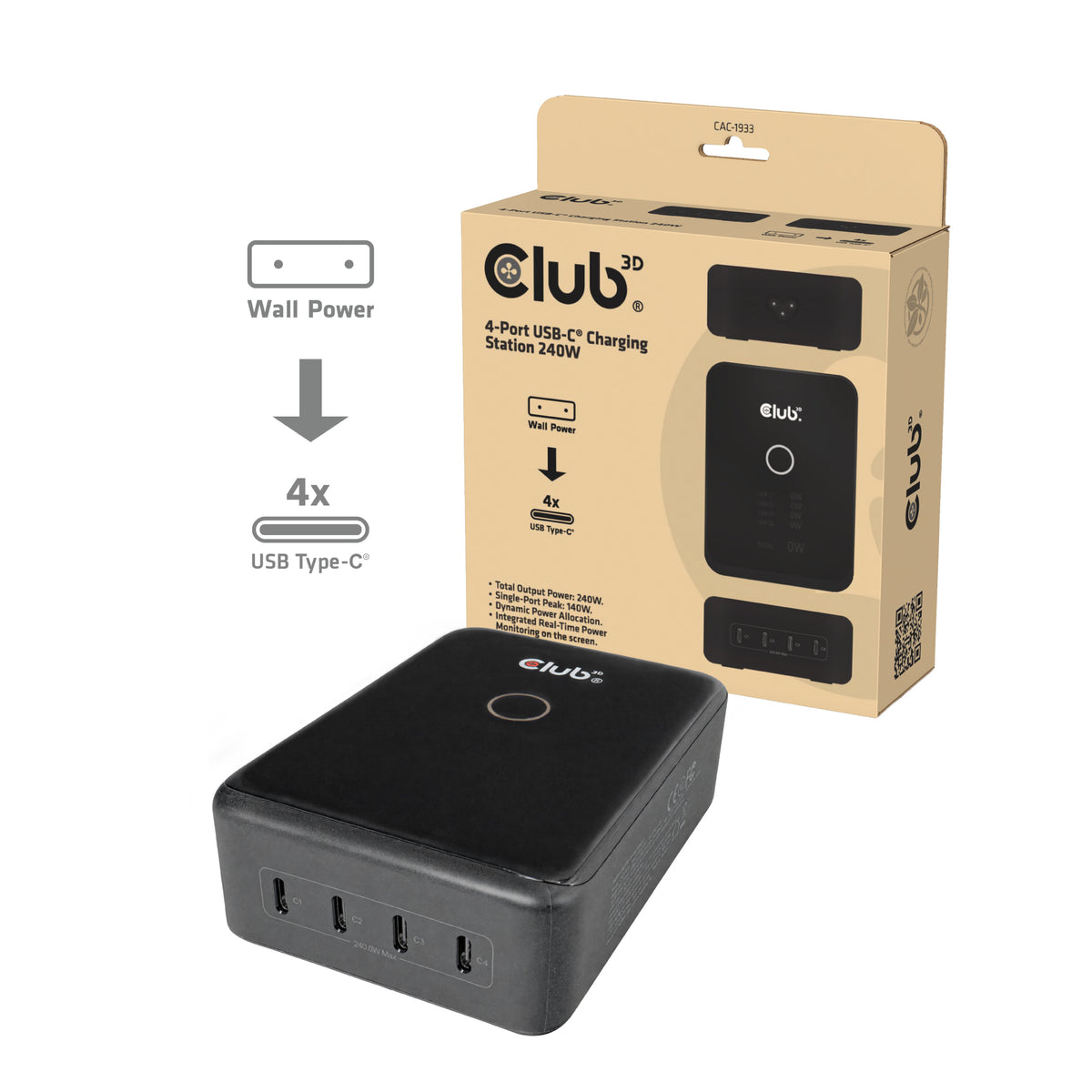 CLUB3D CAC-1933 Chargeur Universel Secteur Charge Rapide, 4 Ports USB-C, Noir