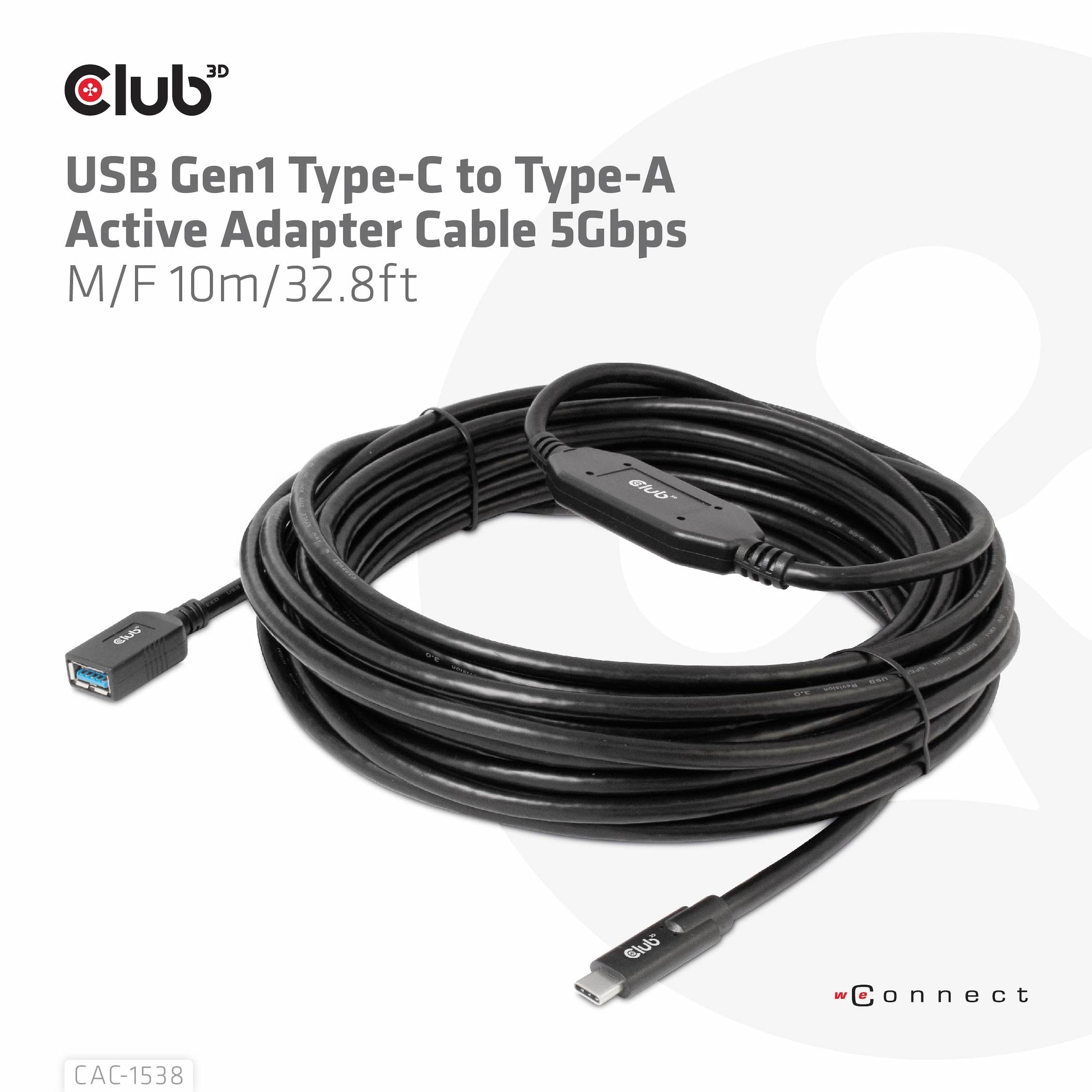CLUB3D CAC-1538 câble USB USB 3.2 Gen 1 (3.1 Gen 1) 10 m USB C USB A 5 Gbit/s Noir