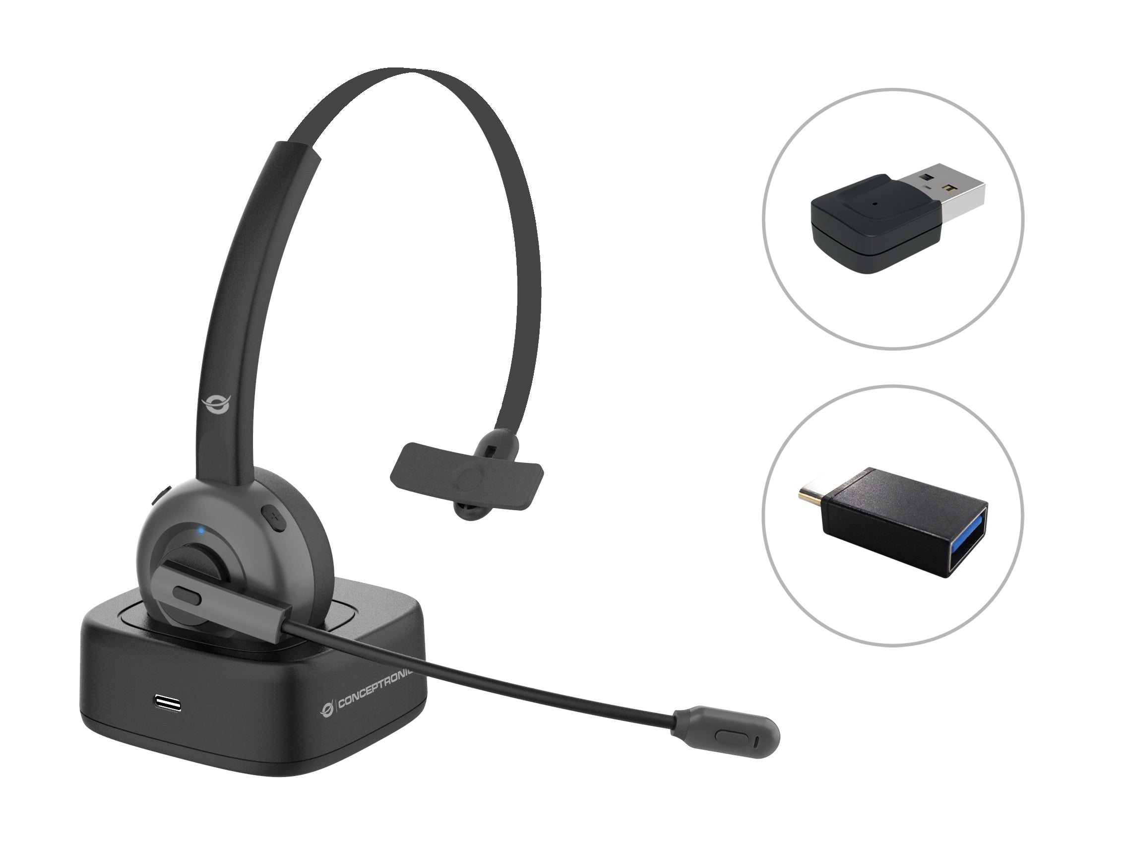 Conceptronic POLONA03BDA casque Casques Sans fil Arceau Bureau/Centre d'appels Bluetooth Socle de chargement Noir