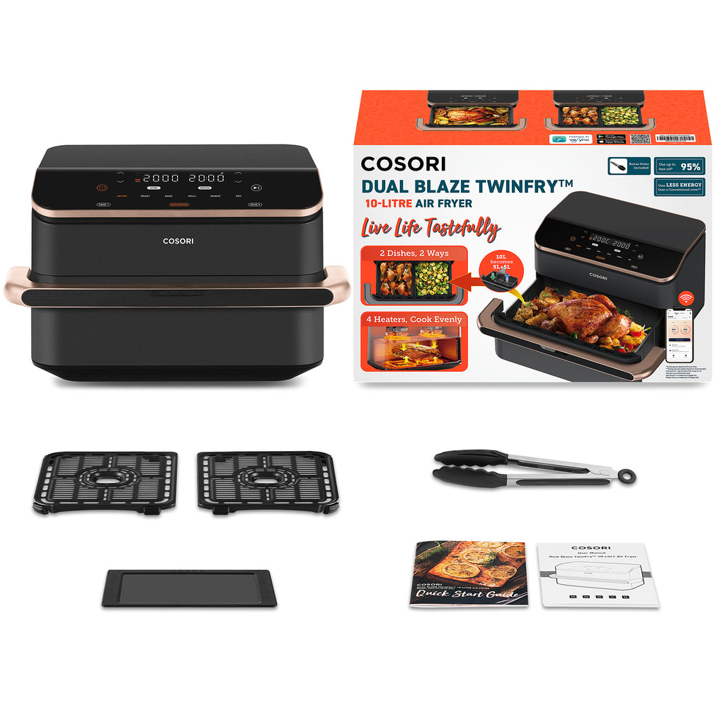 Cosori Dual Blaze Twinfry Chef Edition Double 10 L Autonome 2800 W Friteuse d’air chaud Gris foncé, Or rose