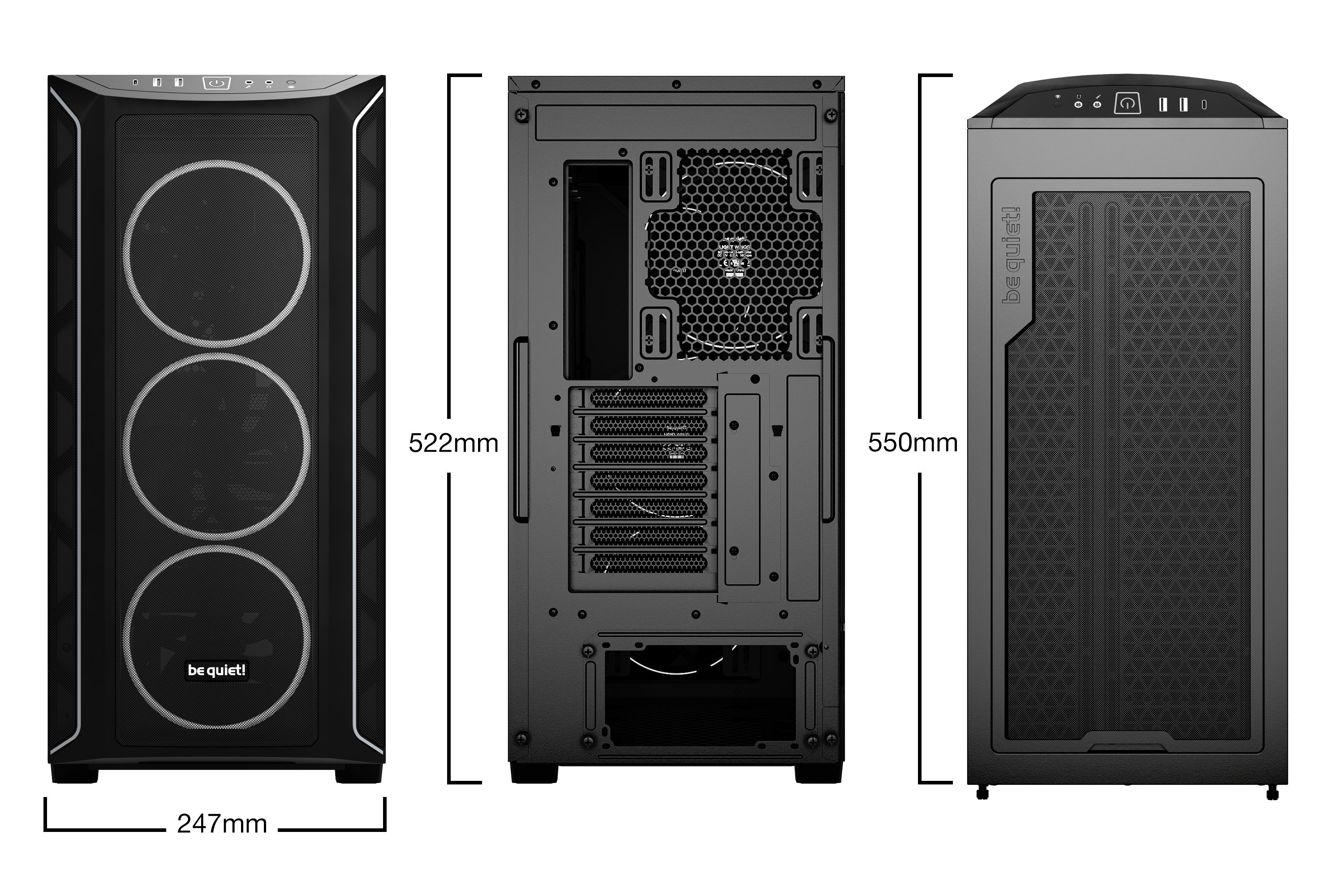 be quiet! Shadow Base 800 Noir | Boîtier PC ARGB vitré, Mini ITX / Micro ATX / ATX / E-ATX, 4 ventilateurs Light Wings PWM 140 mm