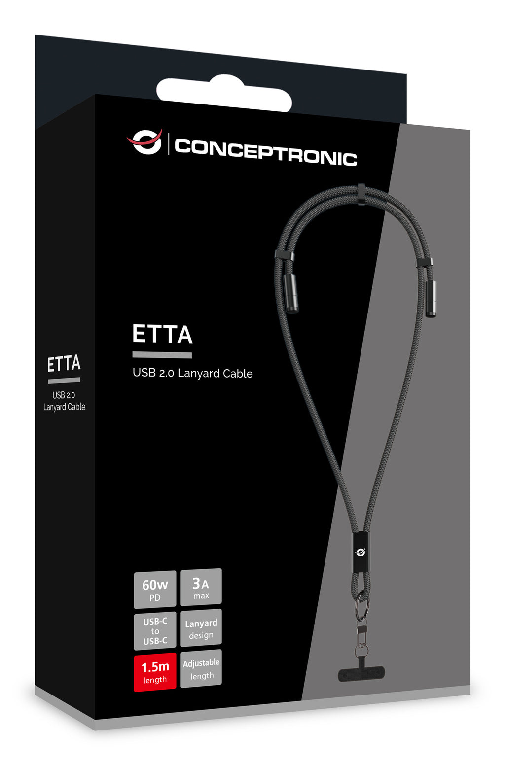 Conceptronic ETTA12B15 câble USB USB 2.0 1,5 m USB C 0,48 Gbit/s 60 W Noir