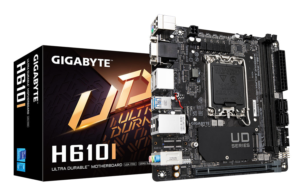 GIGABYTE H610I Carte mère - Prend en charge les processeurs Intel Core 14e génération, VRM numérique hybride 4+1+1, jusqu'à 5600MHz DDR5, 1xPCIe 3.0 M.2, LAN GbE, USB 3.2 Gen 1