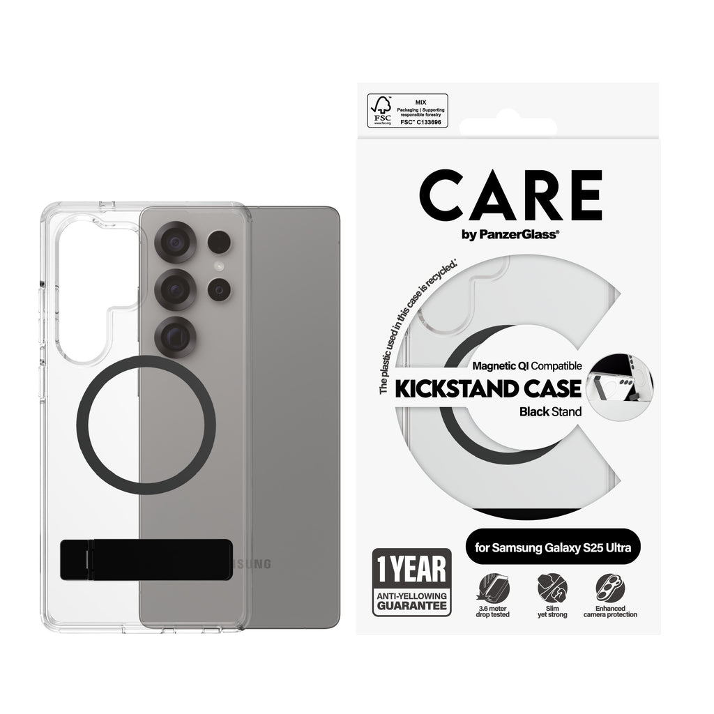 PanzerGlass PanzerGlass CARE™ by ® Case Transparent w. Black Kickstand & Qi Compatible Samsung Galaxy S25 Ultra coque de protection pour téléphones portables Housse