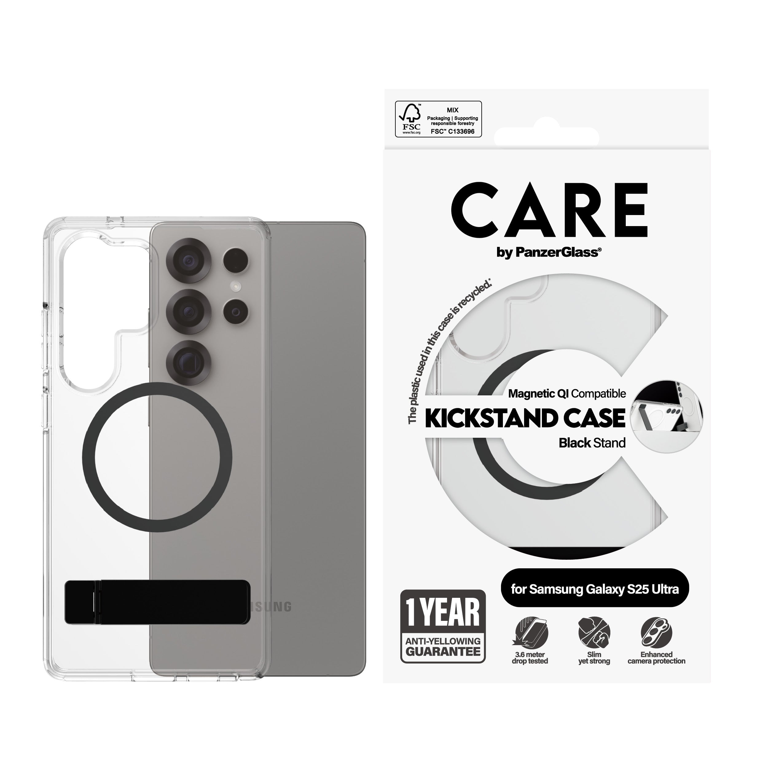 PanzerGlass PanzerGlass CARE™ by ® Case Transparent w. Black Kickstand & Qi Compatible Samsung Galaxy S25 Ultra coque de protection pour téléphones portables Housse