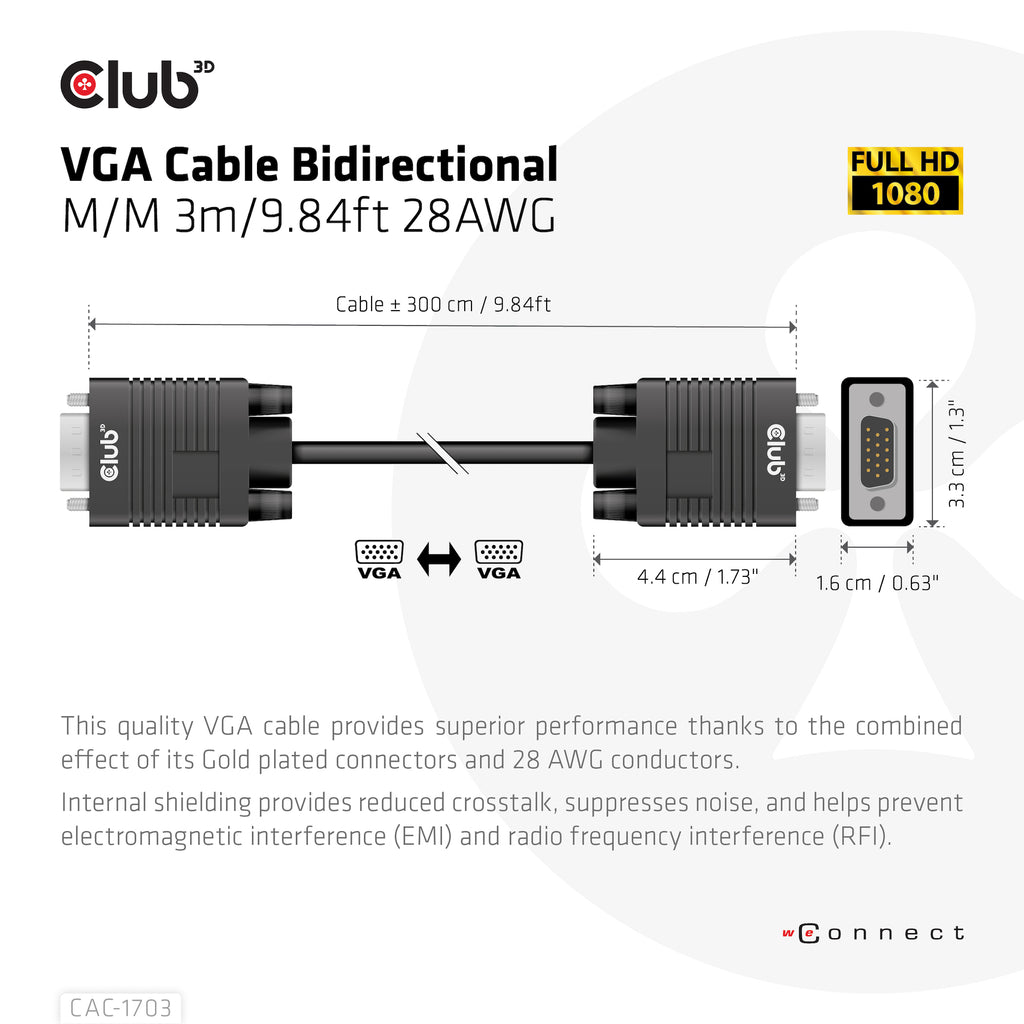 CLUB3D CAC-1703 câble VGA 3 m VGA (D-Sub) Noir