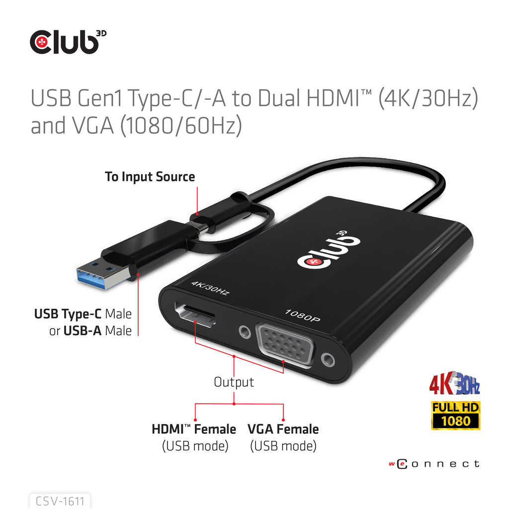 CLUB3D CSV-1611 Adaptateur Graphique USB 4K 3840 x 2160 pixels, Noir